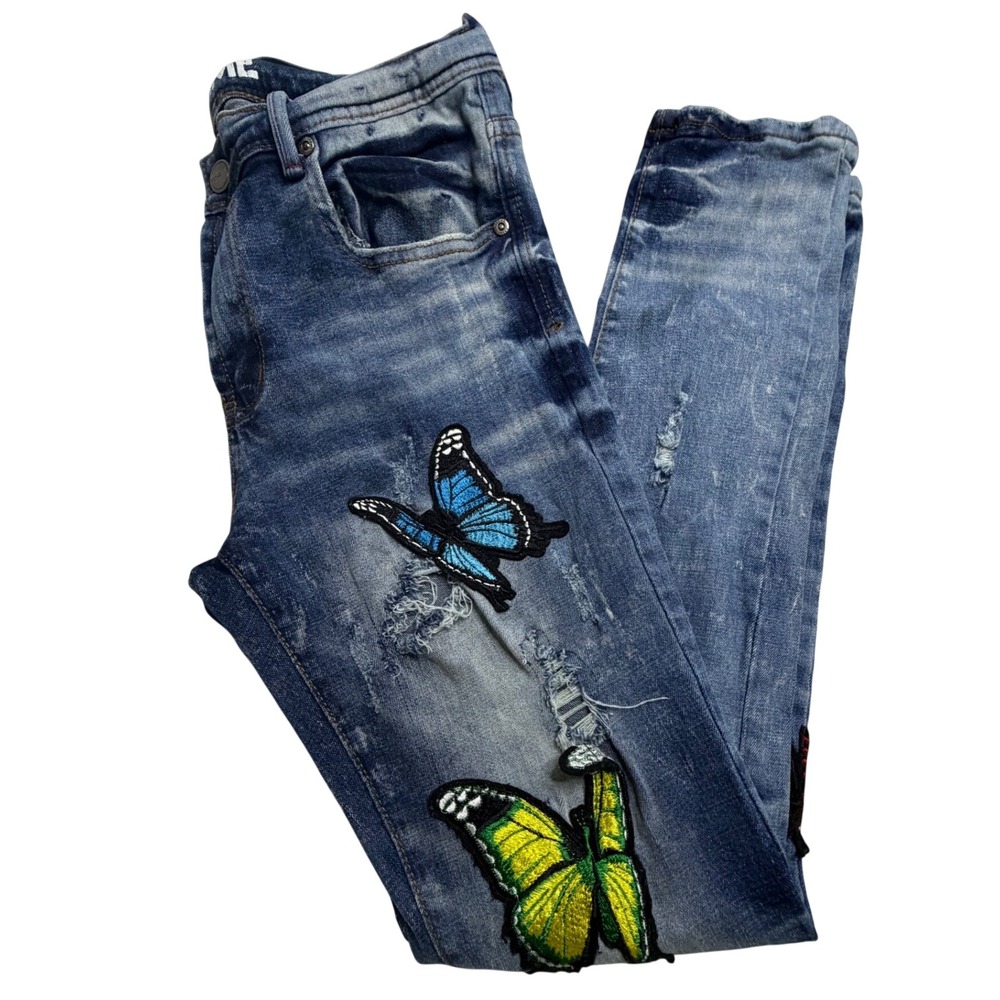 Preme Mens 32x32 Distressed Butterfly Patch Skinny Jeans Medium Wash Blue Denim